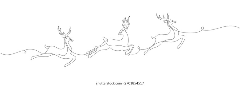 Continuous One Line Drawing of Three Running Reindeer or Stags. Minimalist Christmas and Winter Holiday Symbol or Design Element. Editable stroke