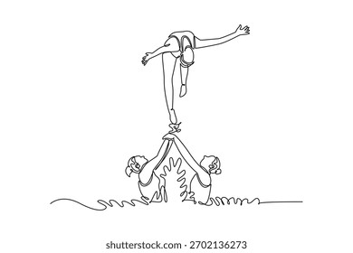 Uma linha contínua desenhando três mulheres estão realizando um elevador e arco de parceiro sincronizado sobre a água, ilustrando trabalho em equipe complexo e graça. Ilustração gráfica vetorial de design de desenho de linha única