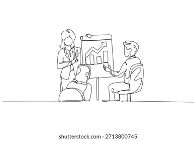 Continuous one line drawing three colleagues, one female presenting growth chart with bar and line graphs. Successful strategy in corporate meeting. Single line draw design vector graphic illustration