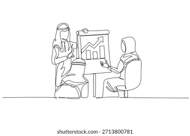Una línea continua dibujando a tres colegas árabes en una presentación exitosa de negocios, señalando una gráfica de barras de tendencia ascendente para simbolizar el crecimiento. Ilustración gráfica de Vector de diseño de línea única
