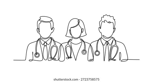 Desenho contínuo de uma linha de três médicos profissionais com braços estetoscópicos cruzados, ilustração Vetor.