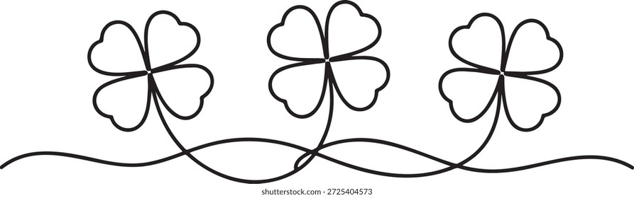 Dibujo continuo de una línea de tres tréboles de cuatro hojas como símbolo de suerte. Dibujado a mano de una sola línea continua ilustración de arte de la buena fortuna y elemento de la naturaleza. Trébol, amuleto de la suerte, día de San Patricio, buena suerte, éxito, prosperidad, cultura irlandesa, planta, hoja verde. Conjunto de iconos de una sola línea.