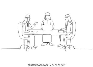 Continuous one line drawing three Saudi businessmen sitting at desk with laptop and papers, communicating during professional meeting in an office. Single line draw design vector graphic illustration
