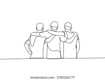 Continuous one line drawing of three friends putting their arms around each other's shoulders from behind. Minimalist vector illustration of friendship, togetherness, and support concept isolated on white background.