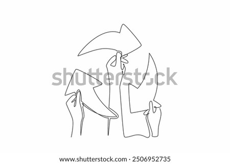 Continuous one line drawing three hands make a recycle symbol. Sign. Arrow. Care. An invitation to use something that can be recycled. Global Recycling Day. Single line draw design vector illustration
