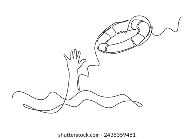 Continuous one line drawing of Thrown life buoy saving drowning. Saving lives or emergency accident. Health, care, teamwork. Single line draw design vector illustration