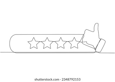 Continuous one line drawing thumbs up next to 4 stars. Star rating. Positive review. Feedback concept. Buyer experience. Customer review rating. Ecommerce. Single line draw design vector illustration