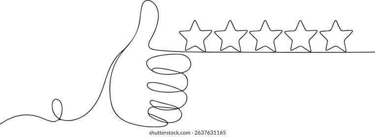 Continuous one line drawing of thumbs up with five stars, customer feedback rating, e-commerce buyer experience sketch

