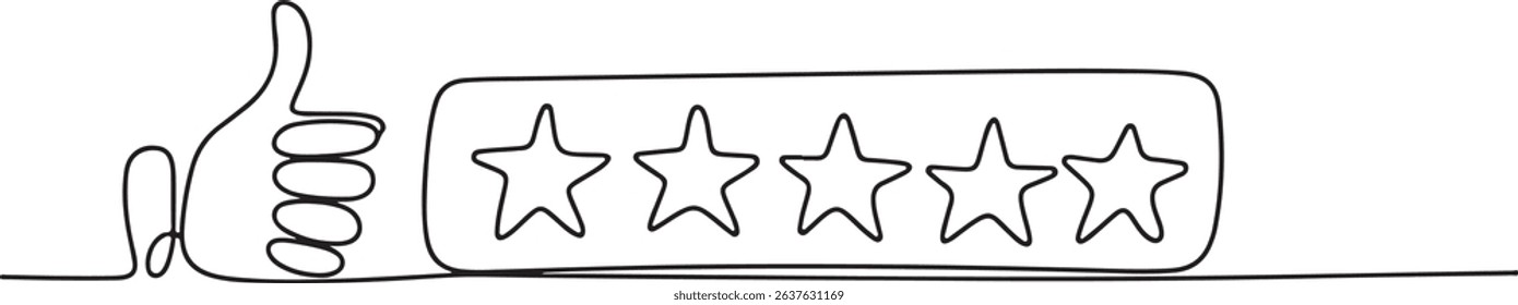 Continuous one line drawing of thumbs up with five stars, customer feedback rating, e-commerce buyer experience sketch

