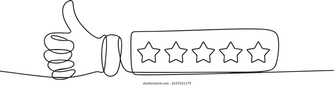 Continuous one line drawing of thumbs up with five stars, customer feedback rating, e-commerce buyer experience sketch

