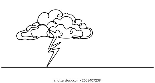 Continuous one line drawing of thundercloud and lightning symbol. Vector illustration, Concept of sadness in inclement weather, depression, stress, Single line vector illustration element. Anxiety pro
