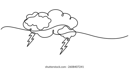 Continuous one line drawing of thundercloud and lightning symbol. Vector illustration, Concept of sadness in inclement weather, depression, stress, Single line vector illustration element. Anxiety pro