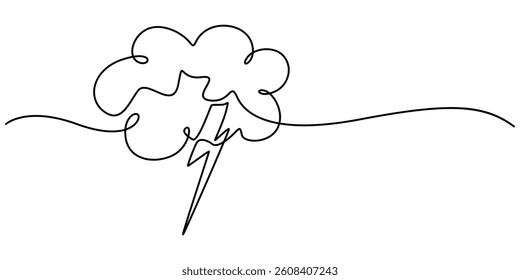 Continuous one line drawing of thundercloud and lightning symbol. Vector illustration, Concept of sadness in inclement weather, depression, stress, Single line vector illustration element. Anxiety pro