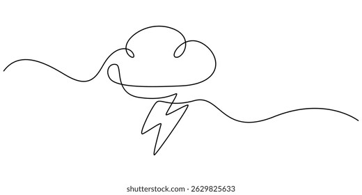 Continuous one line drawing of thundercloud and lightning storm. Cloud in the sky single line vector illustration, Continuous one line editable drawing of thundercloud and lightning concept.