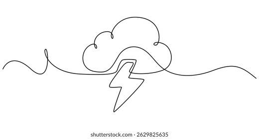 Continuous one line drawing of thundercloud and lightning storm. Cloud in the sky single line vector illustration, Continuous one line editable drawing of thundercloud and lightning concept.