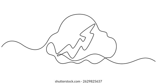 Continuous one line drawing of thundercloud and lightning storm. Cloud in the sky single line vector illustration, Continuous one line editable drawing of thundercloud and lightning concept.