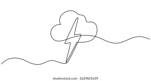 Desenho contínuo de uma linha de trovoada e tempestade de raios. Nuvem no céu ilustração de vetor de linha única, desenho editável contínuo de uma linha de thundercloud e conceito de relâmpago.