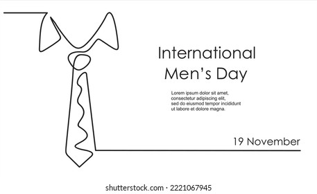 Continuous One line drawing of  tie and lettering International Men's Day. Concept Men's Day card Continuous line style. 