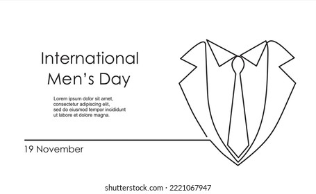 Continuous One line drawing of  tie and lettering International Men's Day. Concept Men's Day card Continuous line style. 