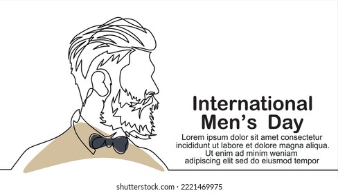 Continuous One line drawing of tie and lettering International Men's Day. Concept Men's Day card Continuous line style.