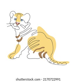 Continuous one Line drawing of a Tiger cub. Animal one Line art. Isolated color icon Tiger. Concept of zoo wildlife. Vector illustration.