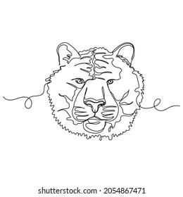 Kontinuierliche 1-zeilige Zeichnung von Tigern Kopf-Porträt Symbol neues Jahr 2022 in Silhouette auf weißem Hintergrund. Linear stilisiert.