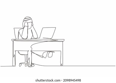 Continuous one line drawing tired office worker man character. Arabian male work at laptop feeling bad. Hold his head. Headache sick, exhausted, stressed, depression. Single line design vector graphic