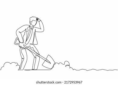 Continuous one line drawing tired businessman wipes sweat on his forehead while digging hole. Worker never give up on duty. Motivation of success. Single line draw design vector graphic illustration