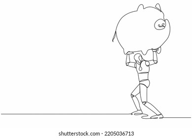 Continuous one line drawing tired robot carrying heavy piggy bank on his back. Broke and financial problems in tech industry. Future robotic development. Single line design vector graphic illustration