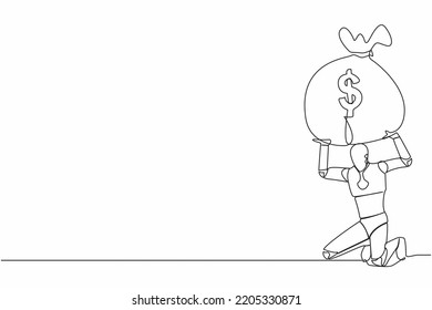 Continuous one line drawing tired robot carrying heavy money bag on his back. Finance crisis money fall down. Economic crash due to pandemic. Future technology. Single line design vector illustration