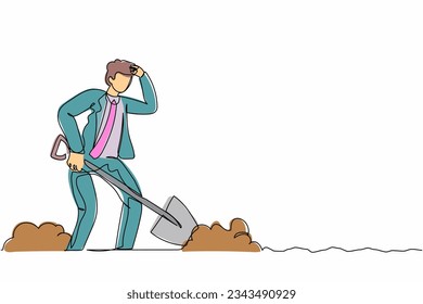 Continuo dibujo de una línea de un hombre de negocios cansado limpia sudor en su frente mientras cava un agujero. Los trabajadores nunca se rinden de sus deberes. Motivación del éxito. ilustración vectorial de diseño de línea única