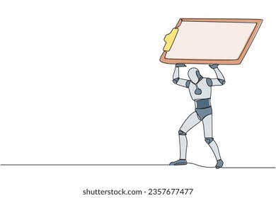 Continuous one line drawing tired robot carrying heavy clipboard on his back. Busy robot with checklist tasks document. Humanoid robot cybernetic organism. Single line draw design vector illustration