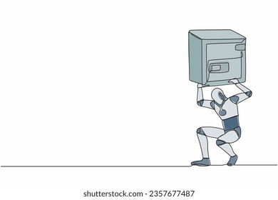 Continuous one line drawing tired robot carrying heavy safe deposit box on his back. Impact in pandemic crisis, bankruptcy at tech industry. Robotic development. Single line design vector illustration