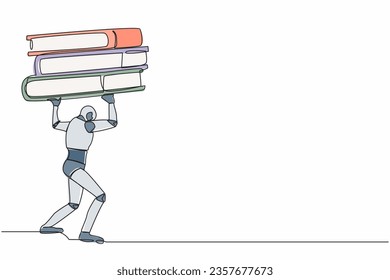 Continuous one line drawing tired robot carrying heavy pile paper folder on his back. Cyborg cannot cope with amount of work. Robot artificial intelligence. Single line draw design vector illustration