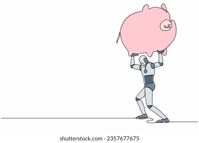 Continuous one line drawing tired robot carrying heavy piggy bank on his back. Broke and financial problems in tech industry. Future robotic development. Single line design vector graphic illustration