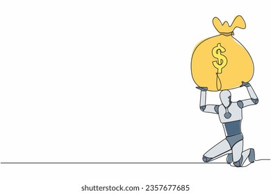 Una línea contínua dibujando un robot cansado que lleva una bolsa de dinero pesada en la espalda. El dinero de la crisis financiera se cae. Crisis económica debido a la pandemia. Tecnología futura. Ilustración vectorial de diseño de una sola línea