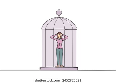 Una línea continua dibujando a una empresaria cansada atrapada en la jaula de pie frustrada sosteniendo la cabeza. La ansiedad causada no puede moverse libremente. Confinado. Encarcelado. Ilustración vectorial de diseño de dibujo de una sola línea