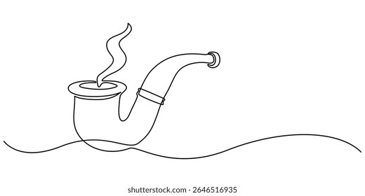 Desenho contínuo de uma linha de cachimbo de cigarro. Design de contorno de cachimbo de fumar simples. Vetor de traçado ativo editável, Tubo de fumaça. Tabagismo. Uma linha contínua desenhada isolada, fundo branco. 