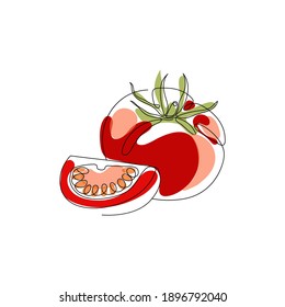 Continuous one line drawing. Tomato vector illustration. Minimal abstract art. Black linear art on white background with colorful spots