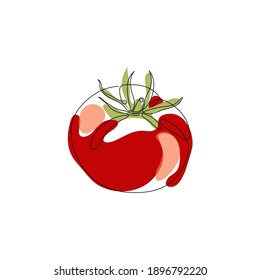 Dibujo continuo de una línea. Ilustración vectorial de tomate. Arte abstracto mínimo. Arte lineal negro sobre fondo blanco con puntos coloridos