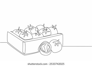 Os tomates de desenho contínuo de uma linha enchem a caixa de madeira. A colheita é satisfatória como esperado. Muito lucrativo. Antioxidantes. Vitamina Dia do Tomate Fresco. Ilustração de vetor de design de desenho de linha única