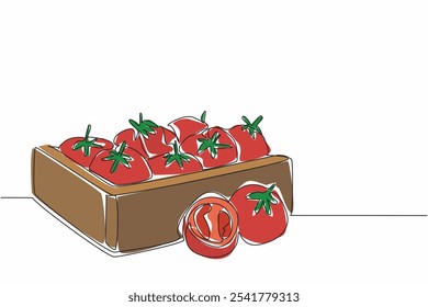 Los tomates continuos de una línea de dibujo llenan la caja de madera. La cosecha es satisfactoria como se esperaba. Muy rentable. Antioxidantes. Vitamina. Día del tomate fresco. Ilustración vectorial de diseño de dibujo de línea única