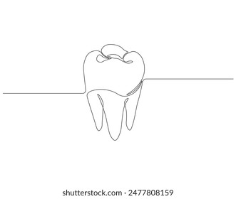 Continuous one line drawing of tooth. One line drawing illustration of tooth. Dentist stomatology concept single line. Editable outline.