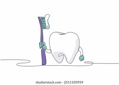 Continuous one line drawing tooth holding a toothbrush. A campaign advertisement. Take care of the teeth by brushing them regularly. World Oral Health Day. Single line draw design vector illustration