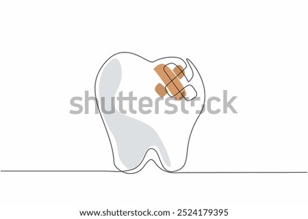 Continuous one line drawing a tooth has a bandage on it. The need for dental care. The importance of preventing toothaches. Treated. National Toothache Day. Single line draw design vector illustration