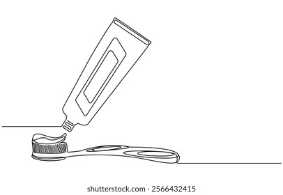 Continuous one line drawing of toothbrush and toothpaste, one line art toothbrush line art, Continuous line drawing toothbrush with toothpaste