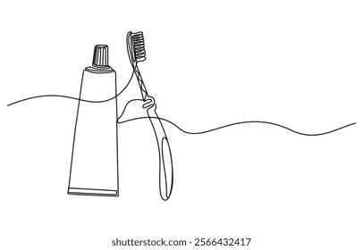 Continuous one line drawing of toothbrush and toothpaste, one line art toothbrush line art, Continuous line drawing toothbrush with toothpaste