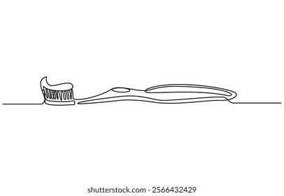 Continuous one line drawing of toothbrush and toothpaste, one line art toothbrush line art, Continuous line drawing toothbrush with toothpaste