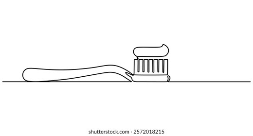 Continuous one line drawing of toothbrush and toothpaste, Toothbrush continuous one line art drawing, Brushing teeth care concept. Vector illustration symbol of Oral care center, outline pro vector.