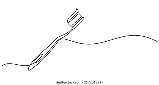 Continuous one line drawing of toothbrush and toothpaste, Toothbrush continuous one line art drawing, Brushing teeth care concept. Vector illustration symbol of Oral care center, outline pro vector.